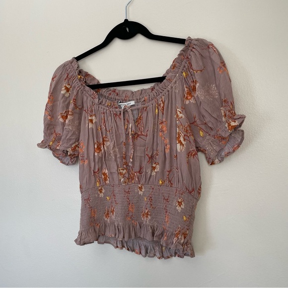 American Eagle | Purple Floral Smocked Cropped Shoulder Blouse | Size Small - Picture 3 of 11